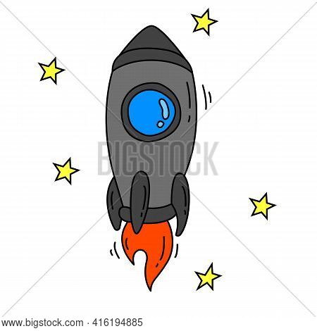 Spaceship In The Stars Or Rocket Ship With Fire Flat Line Icon In Color. New Project Starting, Start