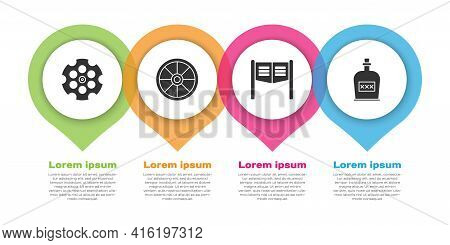 Set Revolver Cylinder, Old Wooden Wheel, Saloon Door And Alcohol Drink Rum Bottle. Business Infograp