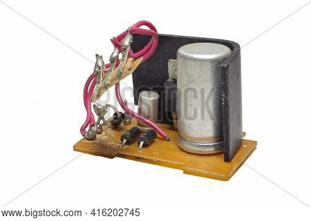 Radio Components Mounted On Old Textolite Board. Part Of Power Supply Of Vintage Tube Amplifier. Par