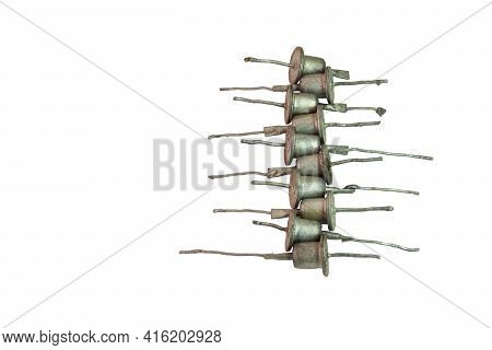 Row Of Medium Power Rectifier Diodes. Vintage Electronic Components, Isolated On White Background, W