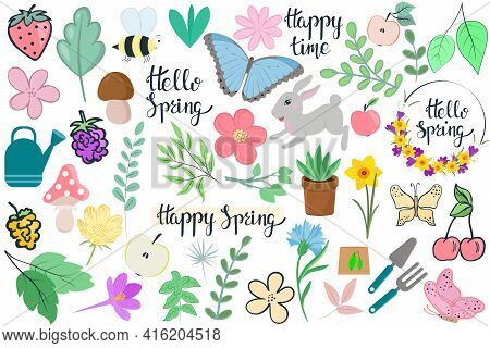 Spring And Summer Set Of Hand Drawn Elements. Flowers And Leaves, Fruits And Berries. Objects Of Nat