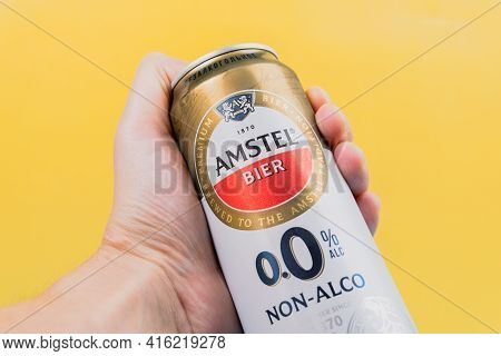 Tyumen, Russia-december 10, 2020: Amstel Beer Can. Founded On June 11, 1870 In Amsterdam, Named Afte