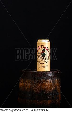 Can Of Birra Moretti Beer On Wooden Barrel With Dark Background. Illustrative Editorial Photo Buchar