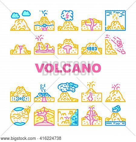 Volcano Lava Eruption Collection Icons Set Vector. Volcano Under Water And Stratovolcano Mountain, V