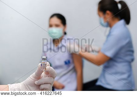 Thailand - April 9 , 2021 Close Up Of Sinovac Vaccine Vials Bottles For Can Help Stop Pandemic , Cov