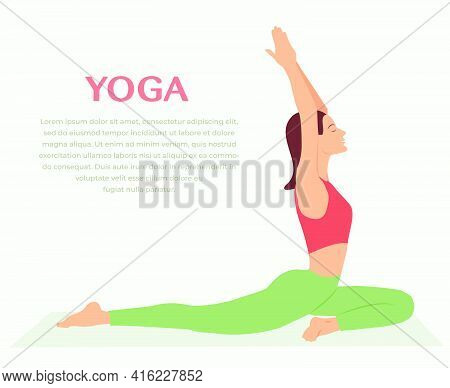 Woman Practicing Yoga Fitness Gymnastics. Banner With Illustration Of Woman Doing Yoga Asana Or Pila