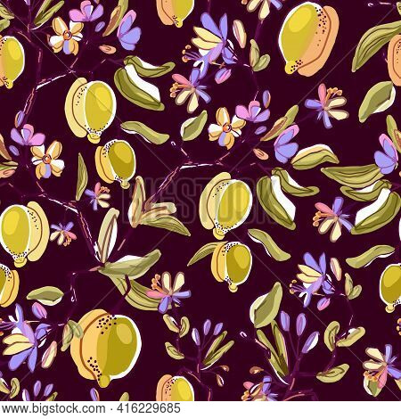 Lemons Blooming Branches Seamless Pattern. Drawn Beautiful Floral Background. Botanical Citrus Plant