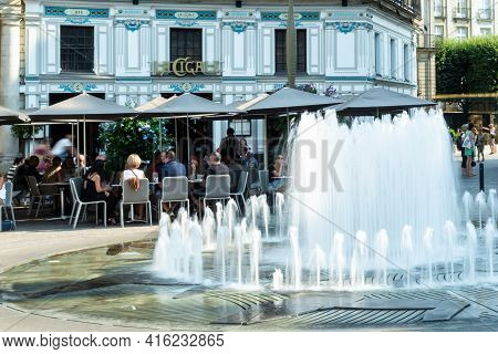 Nantes, France - August 19th 2018: Fountain In Front Of The Restaurant La Cigale