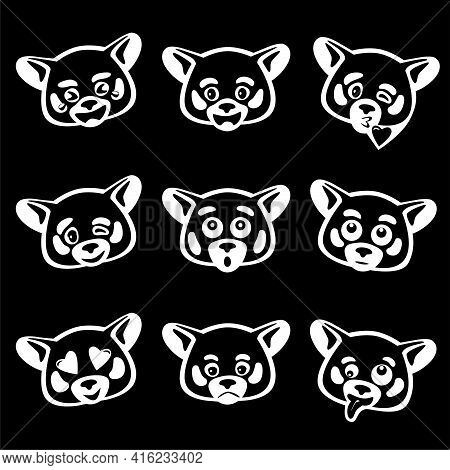 Set Of 9 Vector Emoji With Red Panda Face In Black Style