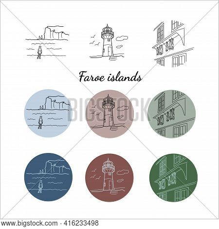 Set Of Faroe Islands Linear Icons Lighthouse, Sea, Dry Fish Vrctor Illustration