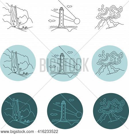 Set Of Linear Icons Iceland Items, Waterfall, Lighthous, Volcano Vector Illustration