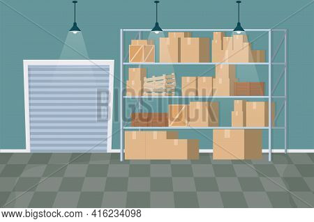 Warehouse Interior In Cartoon Style With Boxes, Wooden Containers, Packages Building Inside. Industr