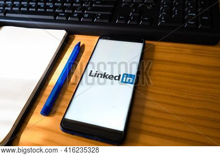 Spain, 04, 08, 2021. A Smartphone With Linkedin Application On The Screen. Linkedin Is A Business-or