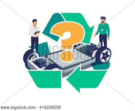 Automobile Engineers Working On Electric Car Battery Module Platform Chassis With Recycle Symbol