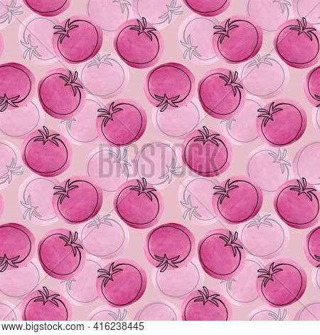 Seamless Pattern With Tomatoes In The Style Of Linart On A White Background. Tomatoes On Colored Wat