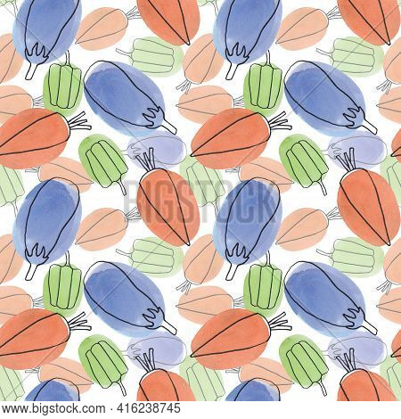 Seamless Pattern With Vegetables In The Style Of Linart On A White Background. Sweet Pepper, Carrot 