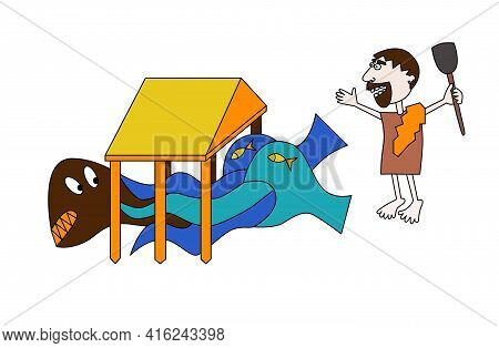 Sixth Labour Of Hercules, Augean Stables In Hand Draw Style Water Conquers Dirt Vector Illustration