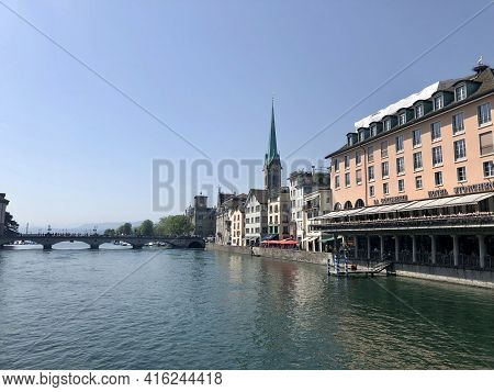 Zurich, Switzerland - June 27, 2019: Hotel Storchen At Promenade Limmatquai