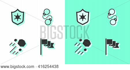 Set Location Marker, Police Badge, Flying Stone And Handcuffs Icon. Vector
