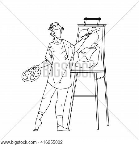 Artist Woman Painting Picture On Canvas Black Line Pencil Drawing Vector. Young Girl Artist Drawing 