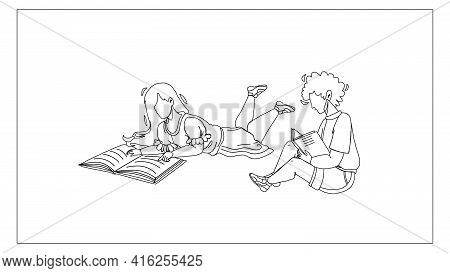 Children Read Information In Education Book Black Line Pencil Drawing Vector. Children Reading Educa