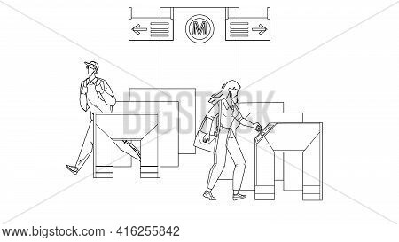 Entry Metro People Pass Through Turnstiles Black Line Pencil Drawing Vector. Man And Woman Passing E