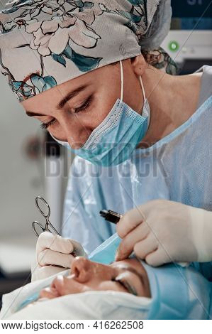Blepharoplasty Plastic Surgery Operation For Modifying The Eye Region Of The Face In Medical Clinic.