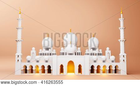 Ramadan Kareem Background, Mosque Building, 3d Rendering Illustration.