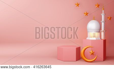 Ramadan Kareem Background, Mosque Building, 3d Rendering Illustration.