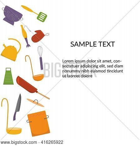 Banner With Kitchen Tools, Kitchenware Set. Vector Stock Illustration Isolated On White Background F