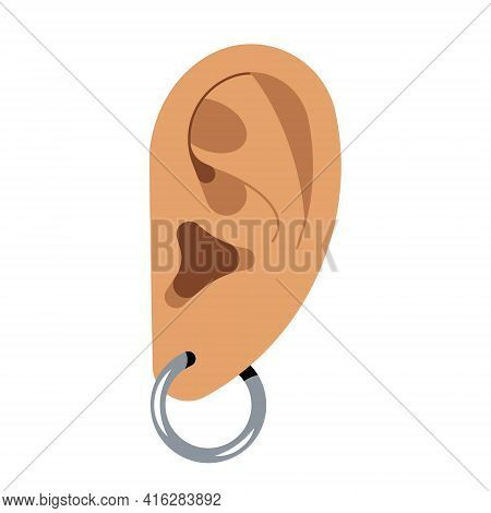 Ear With A Silver Earring. Piercing. Auricle. Organ Of Hearing. Vector Isolated Illustration.