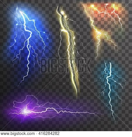 Lightning Transparent Set In Different Colors Realistic Isolated Vector Illustration