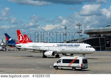 July 2, 2019, Moscow, Russia. Airplane Airbus A330-300 Turkish Airlines At Vnukovo Airport In Moscow