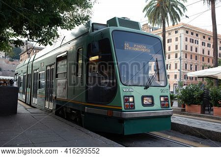 Rome, Italy - October 30, 2013: Socimi T8000 Tram On Line 19 At Piazza Risorgimento In Rome, Italy. 