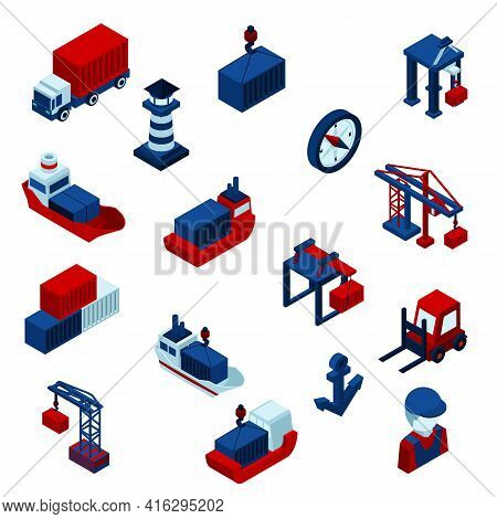 Isometric  Color Seaport  Icons Set With Barge Containers And Port Facilities Isolated Vector Illust