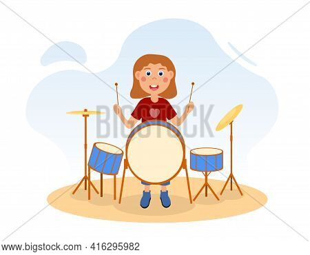 Young Girl Playing Drum In Studio. Girlsband Audition. Music Class. Creative Activity. Flat Cartoon 