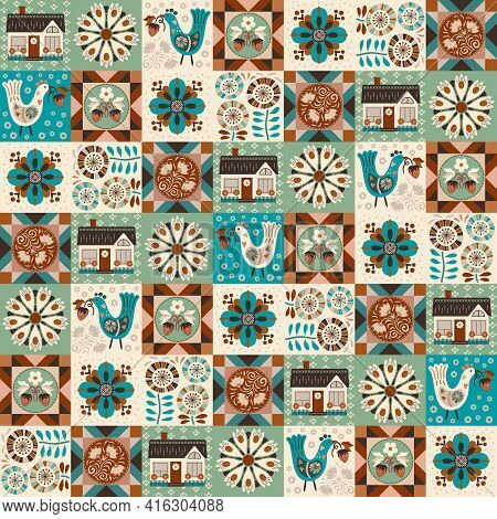 Modern Patchwork Featuring Assorted Folksy Flowers, Cute Bird With Wild Strawberry, House, Geometric
