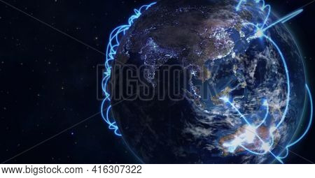 Composition of glowing blue network of connections over globe. global networks of connections and technology concept digitally generated image.