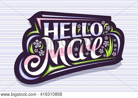 Vector Lettering Hello May, Sticker With Curly Calligraphic Font, Decorative Art Stripes And Illustr