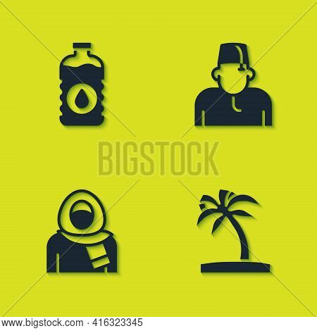 Set Bottle Of Water, Tropical Palm Tree, Muslim Woman In Hijab And Icon. Vector