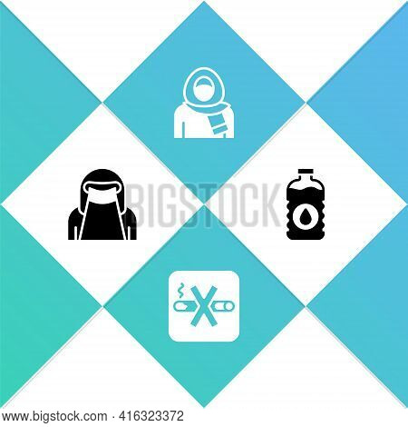 Set Muslim Woman In Niqab, No Smoking, Hijab And Bottle Of Water Icon. Vector