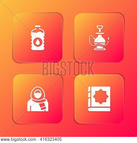 Set Bottle Of Water, Hookah, Muslim Woman In Hijab And Holy Book Koran Icon. Vector