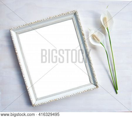Square Photo Frame With Flower. Photoframe Or Picture Frame Mockup. Clean Feminine Table Flat Layout