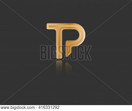 Gold Stylized Lowercase Letters T And P With Reflection Connected By A Single Line For Logo, Monogra