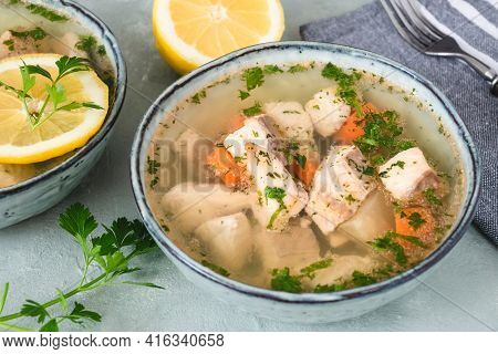 Fish In Aspic With Vegetables. Fish In Jelly. Fish With Gelatin.