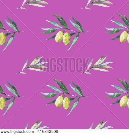 Seamless Pattern With Olive Branches And Olives. Watercolor Hand Drawing