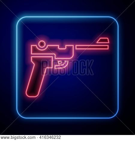 Glowing Neon Mauser Gun Icon Isolated On Blue Background. Mauser C96 Is A Semi-automatic Pistol. Vec