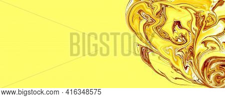 Abstract Yellow Fluid Texture Background For Flyer. Copy Space. Golden Color Gradient. Modern Design