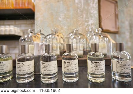 KUALA LUMPUR, MALAYSIA - CIRCA JANUARY, 2020: close up shot of Le Labo home fragrances on display at a store in Suria KLCC shopping mall in Kuala Lumpur.