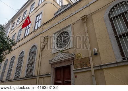 Taksim, Istanbul, Turkey - 03.12.2021: Building Of Istanbul Beyoglu Private Galileo Galilei Italian 